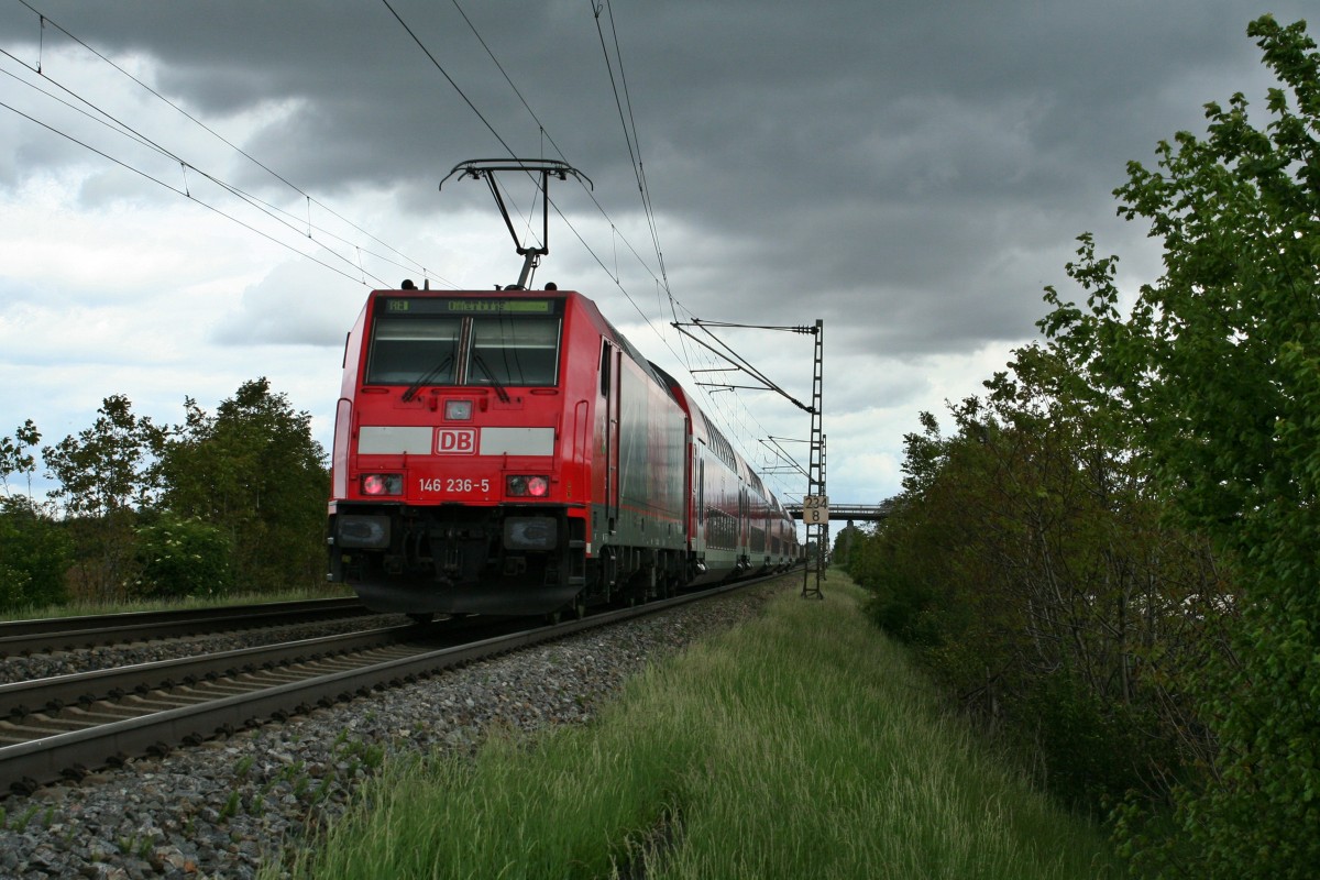 146 236-5 mit einem RE von Schliengen nach Offenburg am Vormittag des 08.05.14 westlich von Hgelheim.