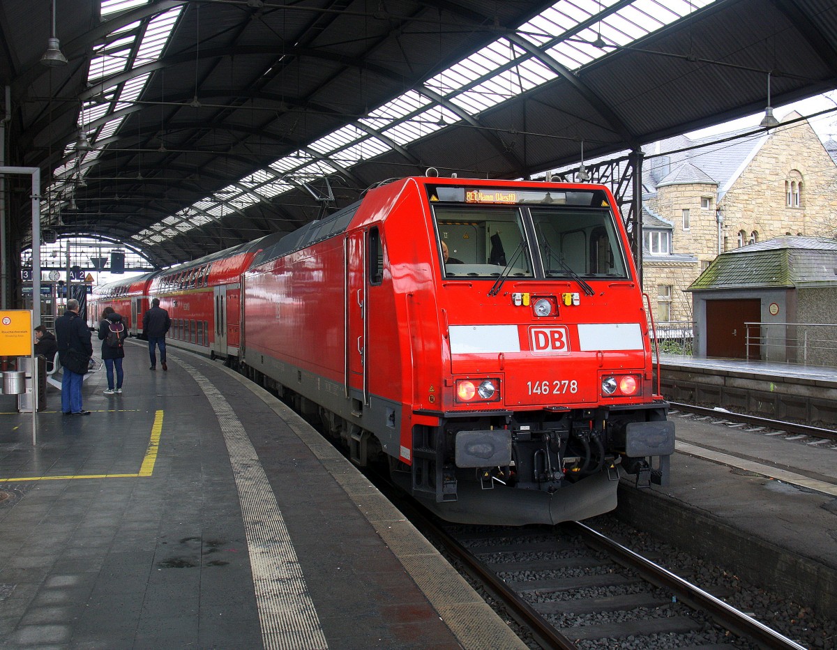 146 278 DB steht mit dem RE1 im Bahnhof Aachen bereit zur Abfahrt nach Hamm-Westfalen. 
Aufgenommen vom Bahnsteig 2 vom Aachen-Hbf.
Am Mittag vom 5.2.2016.
