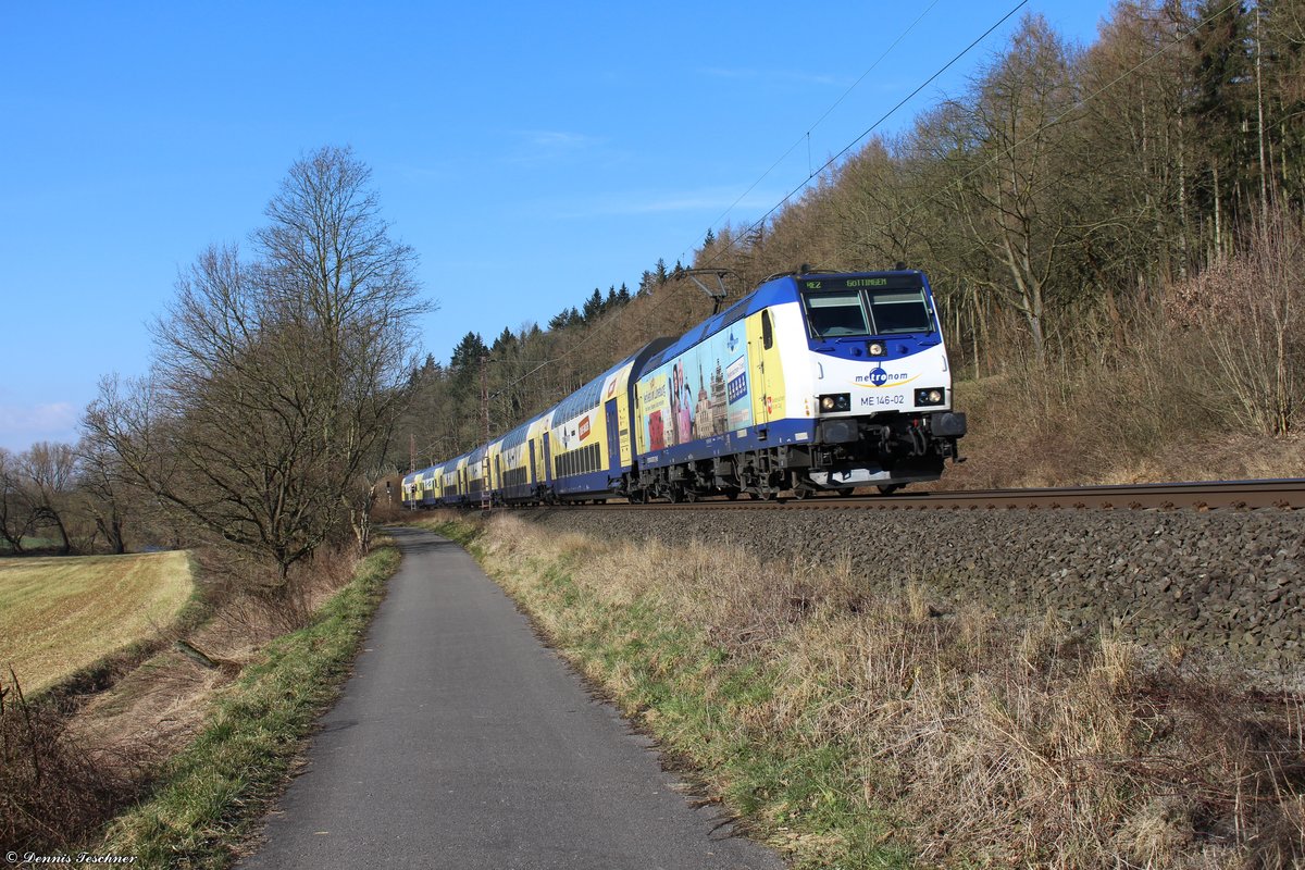 146 502 Metronom mit dem RE 2 nach Göttingen bei Erzhausen am 23.02.2018