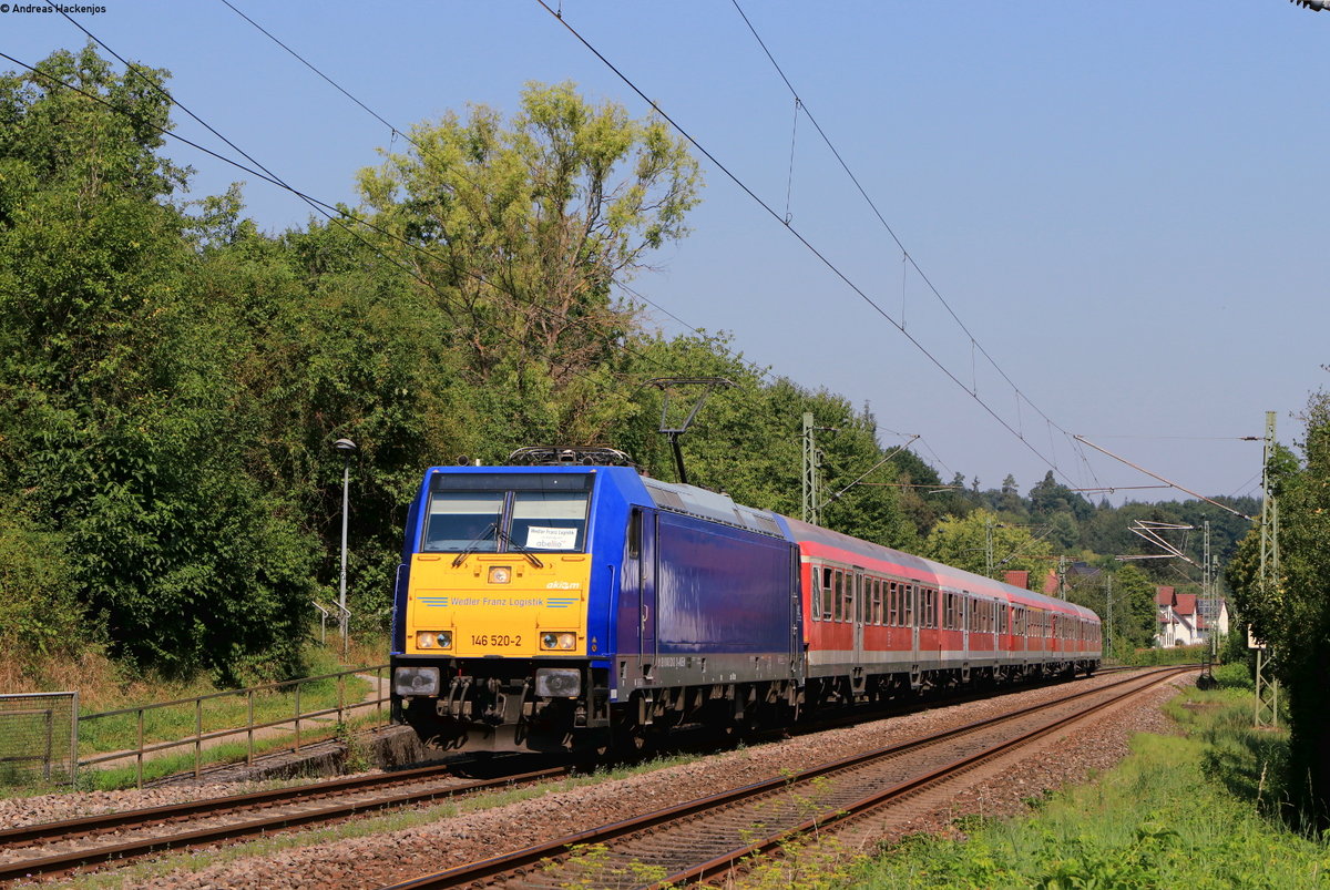 146 520-2 mit dem IRE 95866 (Tübingen Hbf-Stuttgart Hbf) in Wannweil 12.8.20