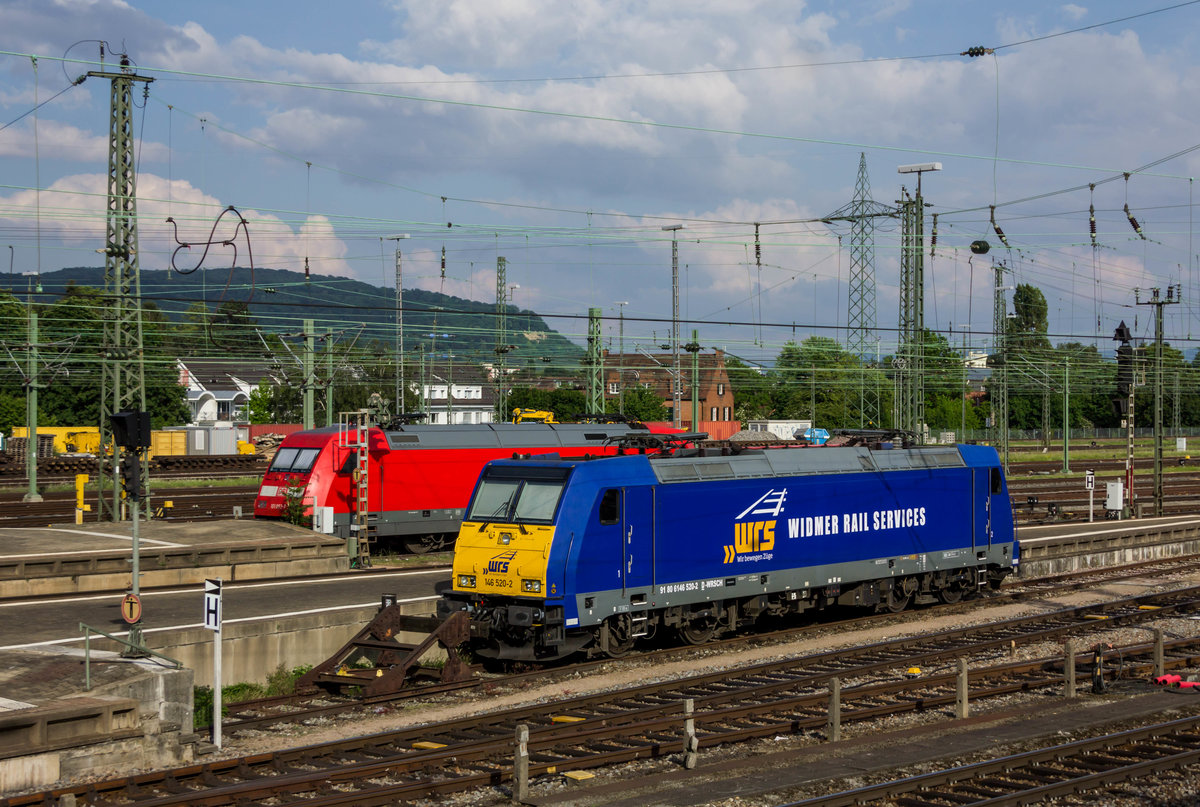 146 520 von Widmer Rail Services steht am 23.5.2018 im Badischen Bahnhof abgestellt