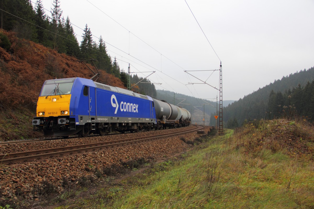 146 521-0 InterConnex im Frankenwald bei Steinbach am 14.11.2014.