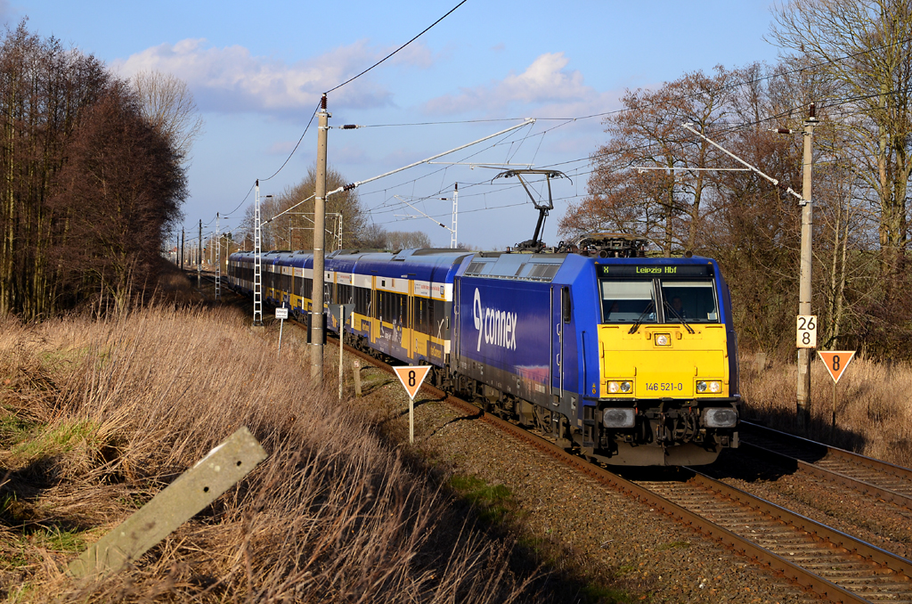 146 521 mit Connex auf dem Weg nach Leipzig. Aufgenommen in Sildemow am 12.02.14