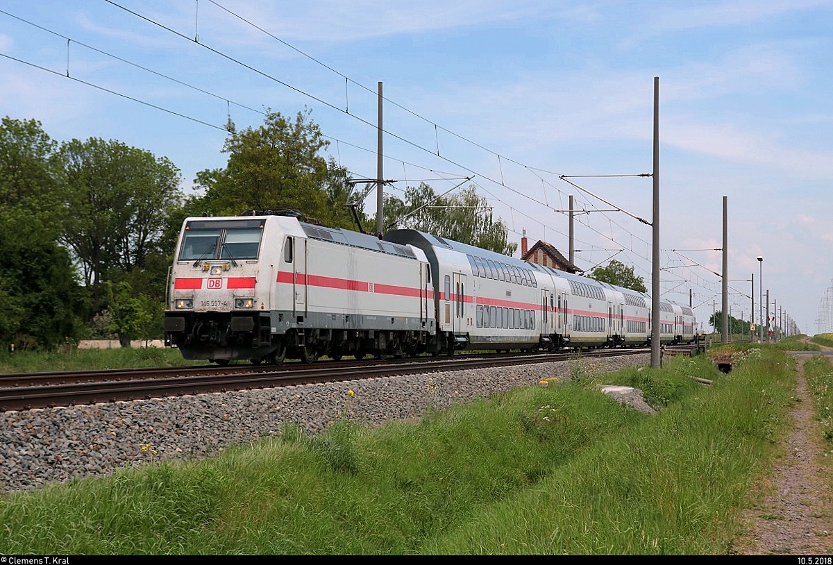 146 557-4 DB als IC 2037 (Linie 56) von Norddeich Mole nach Leipzig Hbf fährt in Braschwitz auf der Bahnstrecke Magdeburg–Leipzig (KBS 340).
[10.5.2018 | 13:50 Uhr]