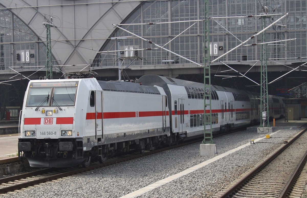 146 560-8 macht sich am 13.5.2017 mit dem IC2038 nach Emden Hauptbahnhof im Leipziger Hauptbahnhof auf den Weg.