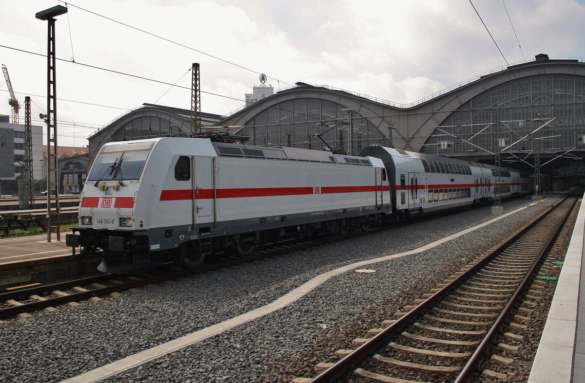 146 560-8 verlässt am 13.5.2017 mit dem IC2038 von Leipzig Hauptbahnhof nach Emden Hauptbahnhof den Startbahnhof.