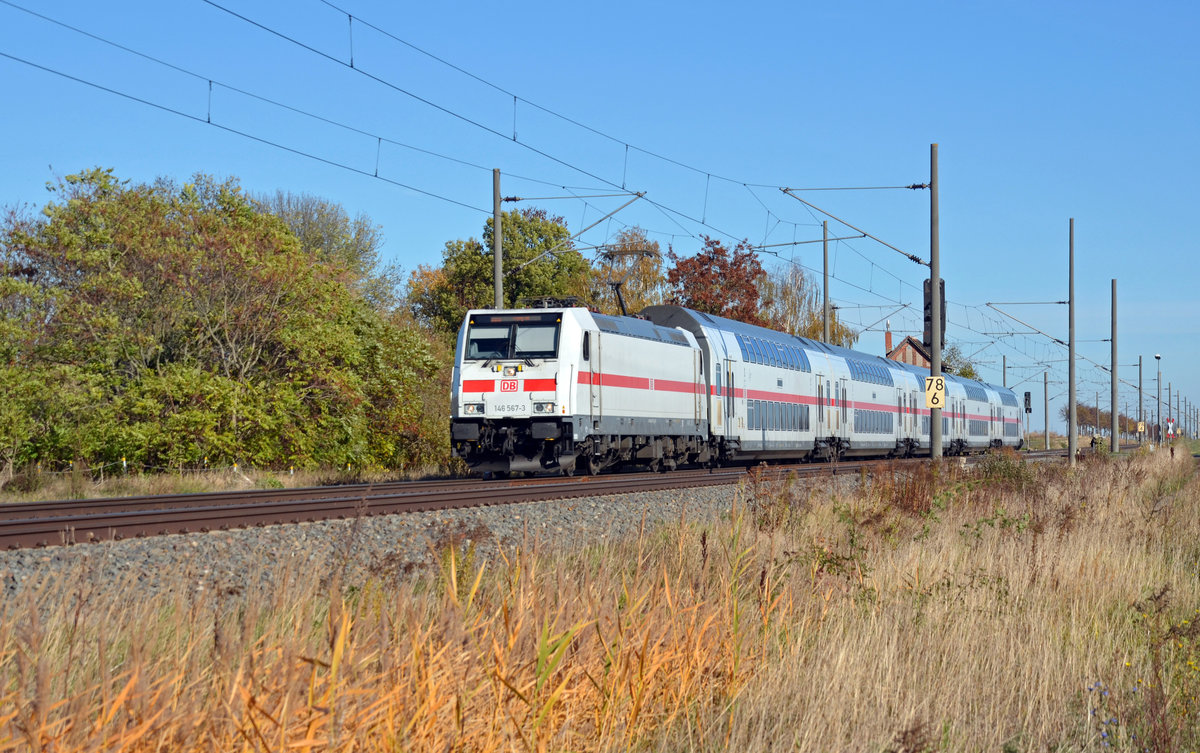 146 567 führte am 31.10.18 ihren IC 2035 nach Leipzig durch Braschwitz.
