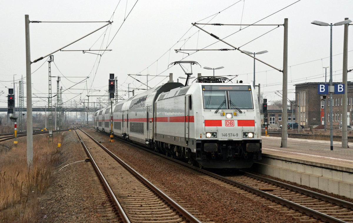 146 574 wurde wegen einer Triebfahrzeugstörung am 12.02.17 nicht über Köthen sondern über Bitterfeld nach Leipzig umgeleitet, Ziel des Zuges war Dresden.