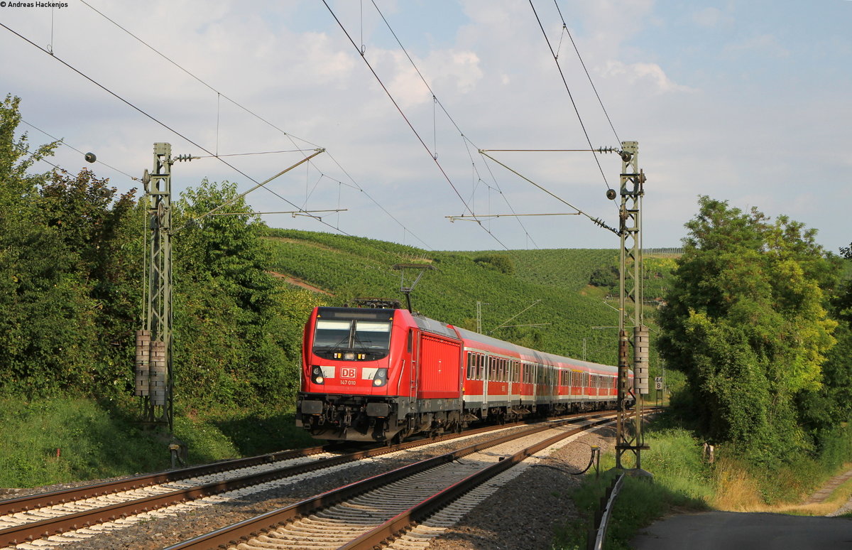 147 010 mit der RB 19107 (Mosbach-Neckarelz-Stuttgart Hbf) bei Nordheim 18.7.18