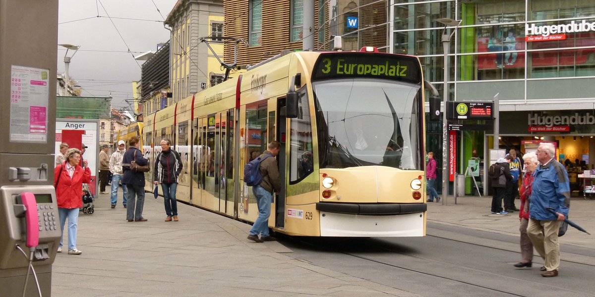 15. Oktober 2012, Straßenbahn Erfurt, Tw 629 am Anger Bahnbilder.de