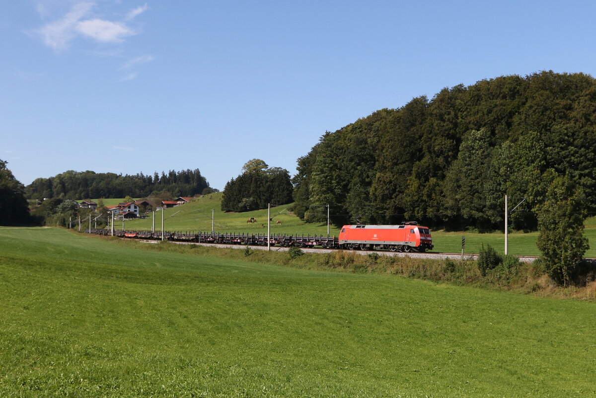 152 043 war mit einem Stahlzug am 18. September 2024 bei Axdorf auf dem Weg nach Freilassing.