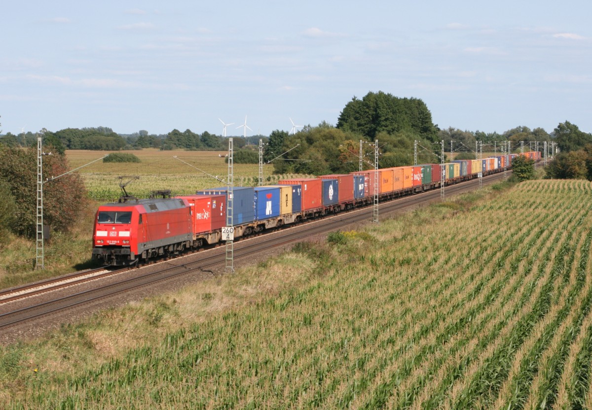152 099 mit KM 50456 (Maschen Rbf–Bremerhaven) am 03.09.2014 zwischen Ottersberg und Sagehorn
