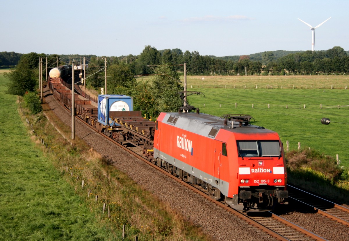 152 105 mit EZ 51485 (Maschen Rbf–Mannheim Rbf) am 14.08.2012 zwischen Maschen Rbf und Jesteburg