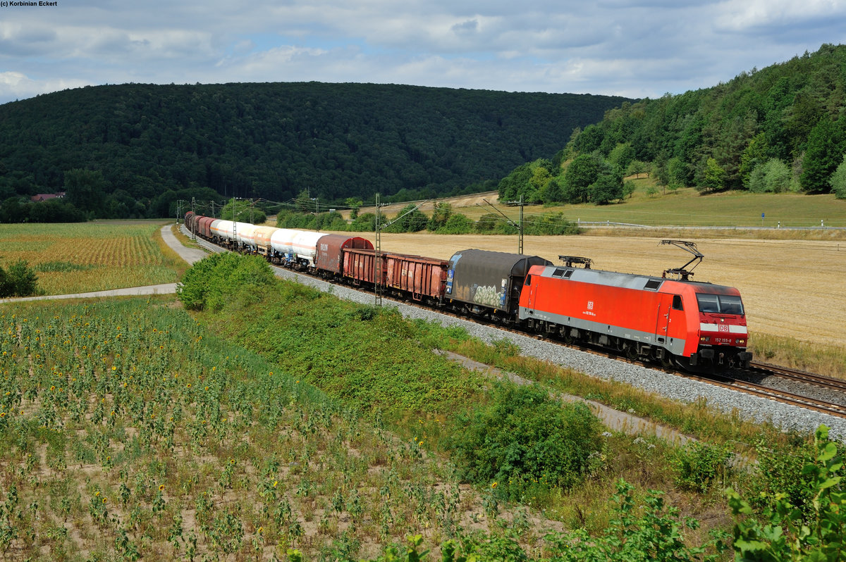 152 155-8 mit einem gemischten Güterzug Richtung Würzburg bei Harrbach, 23.07.2015