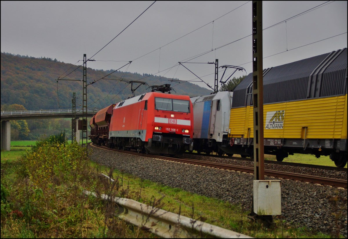 152 168-1 begegnet dem Autozug bei Hermannspiegel am 29.10.14