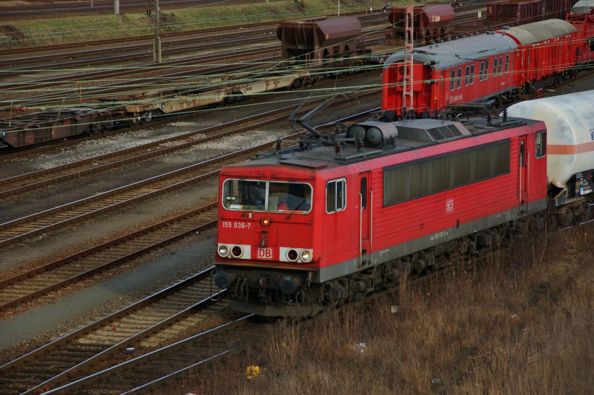 155 036-7 bei der Ausfahrt vom Güterbahnhof in Engelsdorf/Lpz. am 22.02.14.