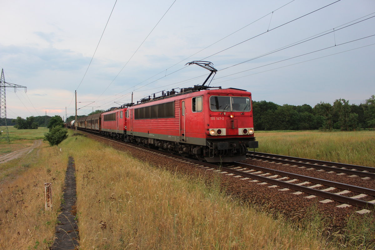155 147-2 Durch Nudow fahrend in Richtung Saarmund am 30.05.2018 aufgenommen