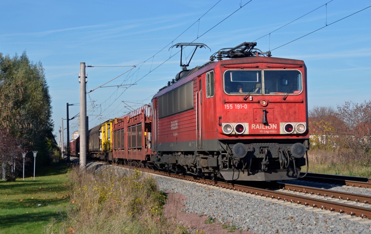 155 191 zog am 31.10.13 einen gemischten G�terzug durch Greppin Richtung Bitterfeld.