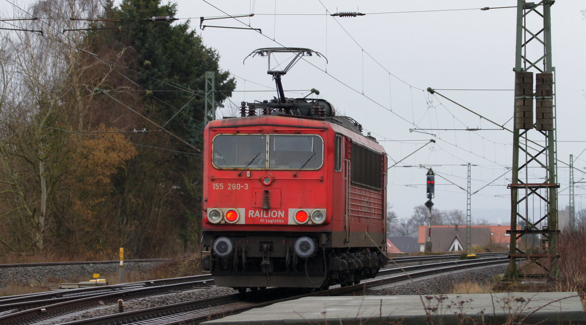 155 260-3 DB Schenker Rail Deutschland AG auf Alleinfahrt am 01.02.2013 am ehemaligen Bahnhof von Ostercappeln. Fahrtrichtung Bremen.
