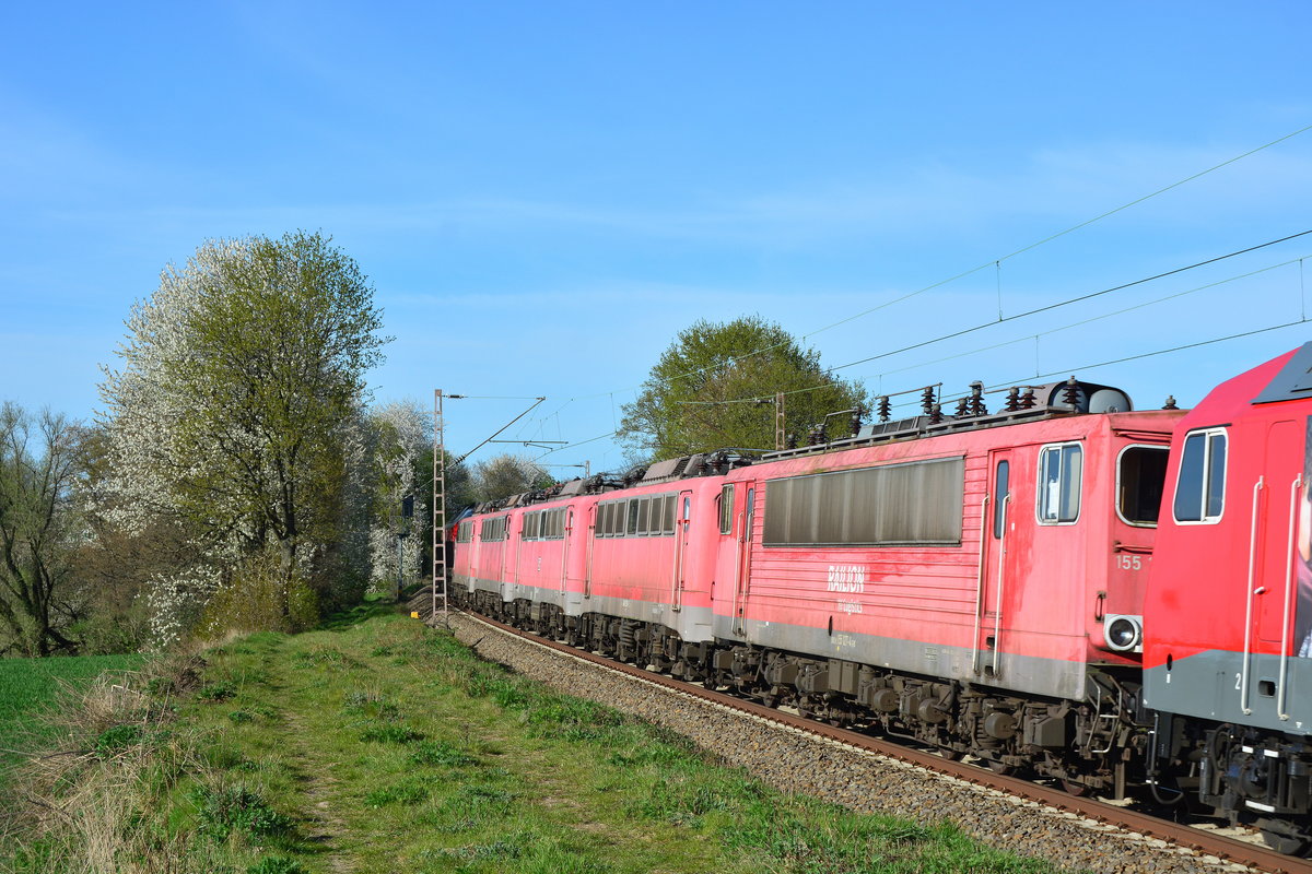156 004 zieht 155 127, 140 537, 140 401, 139 132, 140 506 auf ihrem letzten Weg nach Opladen durch Haan. 155 127 wurde bereits ihrer Stromabnehmer beraubt.
Am Zugschluss hängt noch die MEG 232 489. 

Haan 10.04.2020