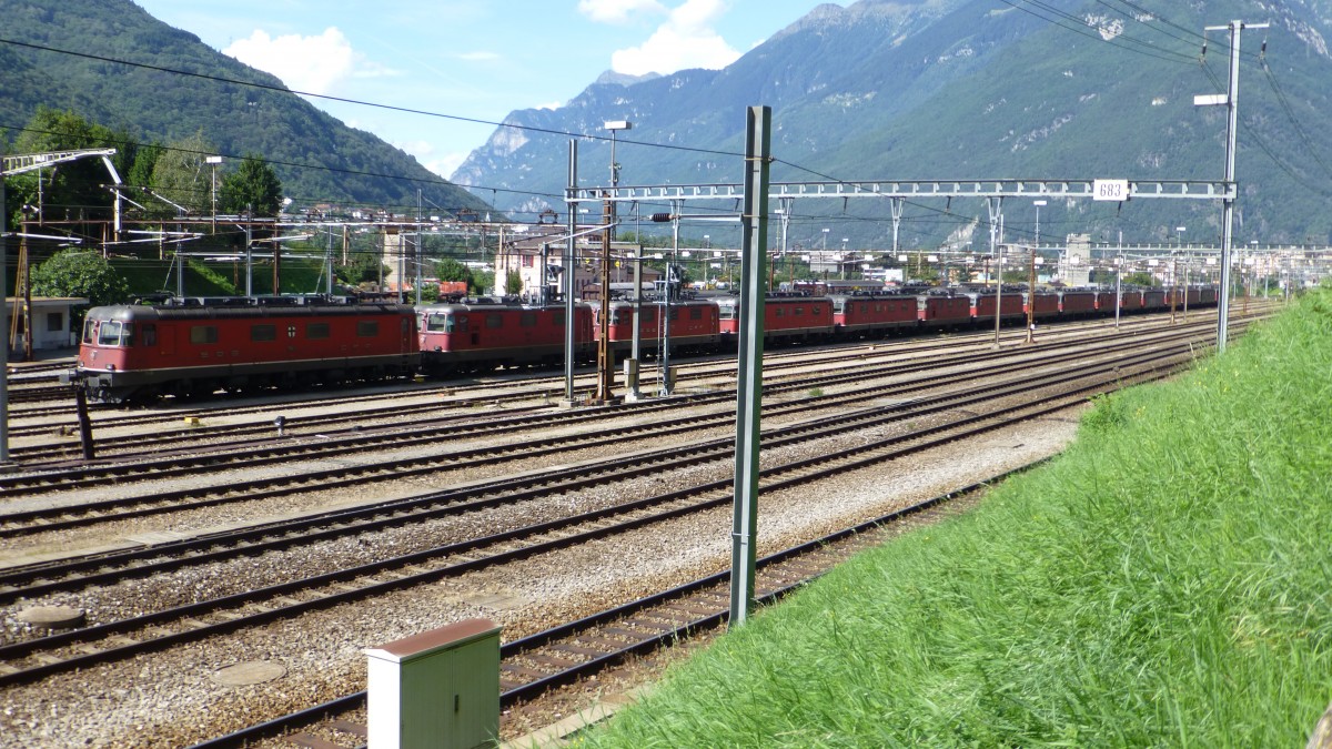 16 Stck. roten Re 6/6, Re 4/4 II, Re 620 cargo und eine Re 6/6 noch in güner Farbgebung in Reih und Glied, Güterbahnhof Bellinzona S. Paolo (16-08-2012)