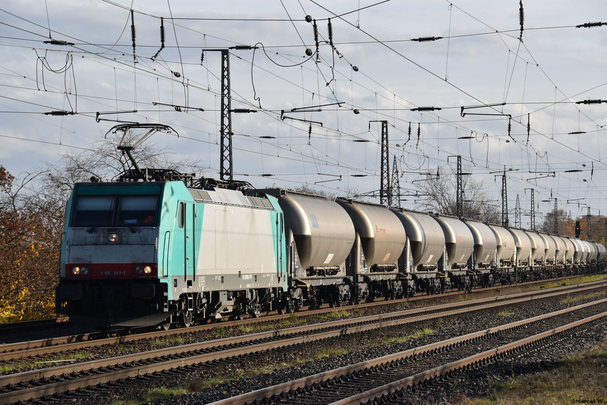 16.11.2020 | Güterzug bei der Durchfahrt Bahnhof Saarmund | E 186 243-2  91 51 5270 001-8  |