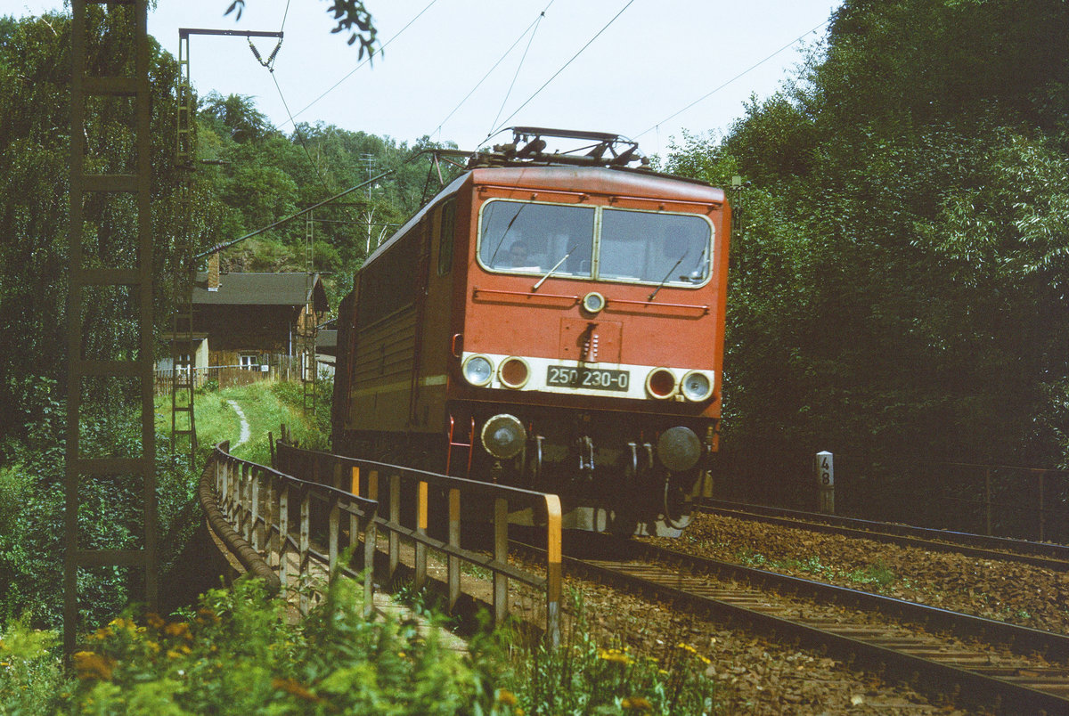 17. August 1986, Im Plauenschen Grund bei Dresden. In dieser Gegend kreuzt heute die Autobahn nach Prag das romantische Tal. Die DR-Lok 250 230 befördert einen Güterzug über die steigungsreiche Strecke in Richtung Karl-Marx-Stadt (Chemnitz).