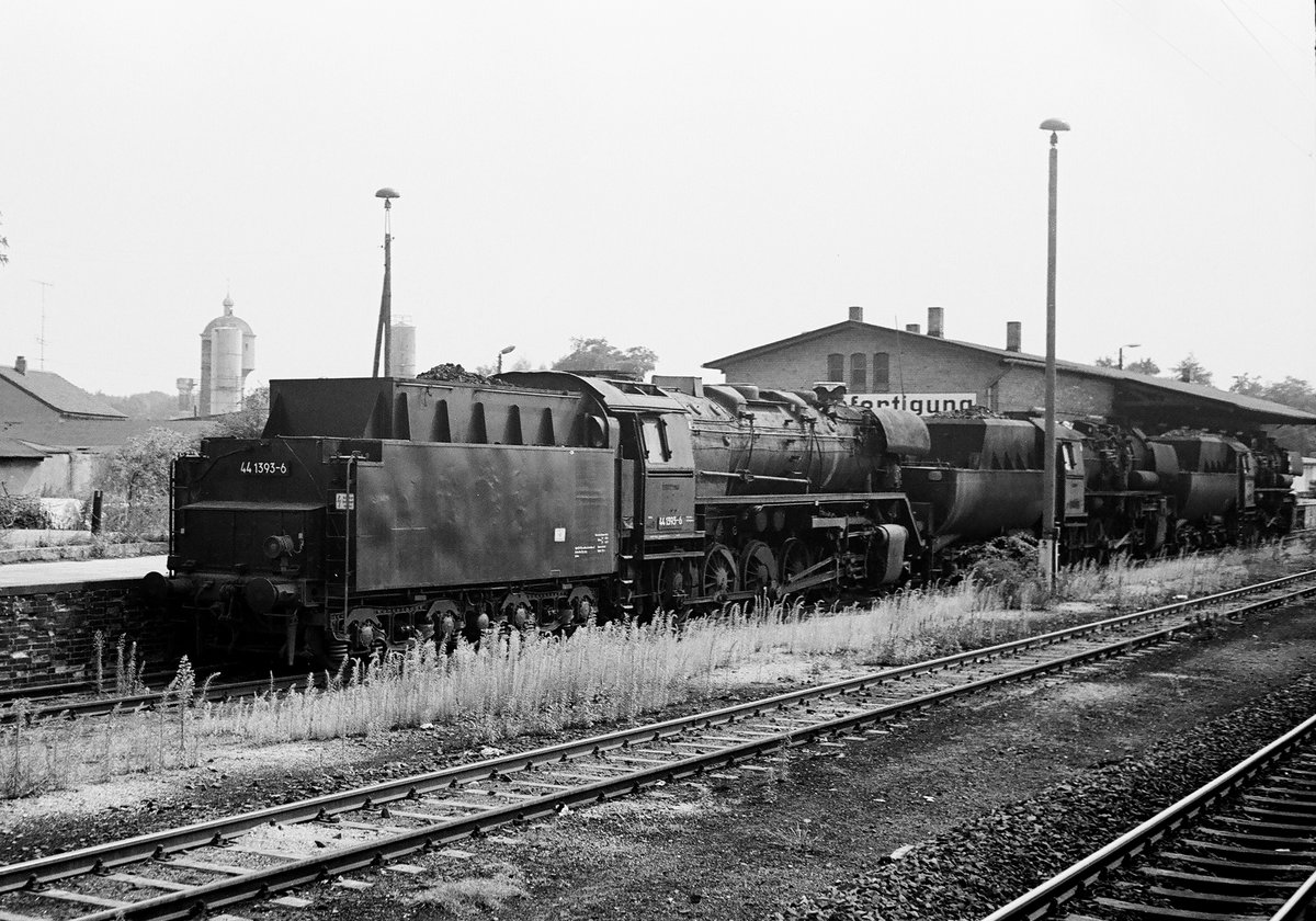 18. August 1983, während der Bahnfahrt von Berlin nach Dresden konnte ich im Gelände des Bahnhofs Elsterwerda aus dem fahrenden Zug diese abgestellten Lokomotiven fotografieren:  Vorn 44 1393 mit Kohletender. 