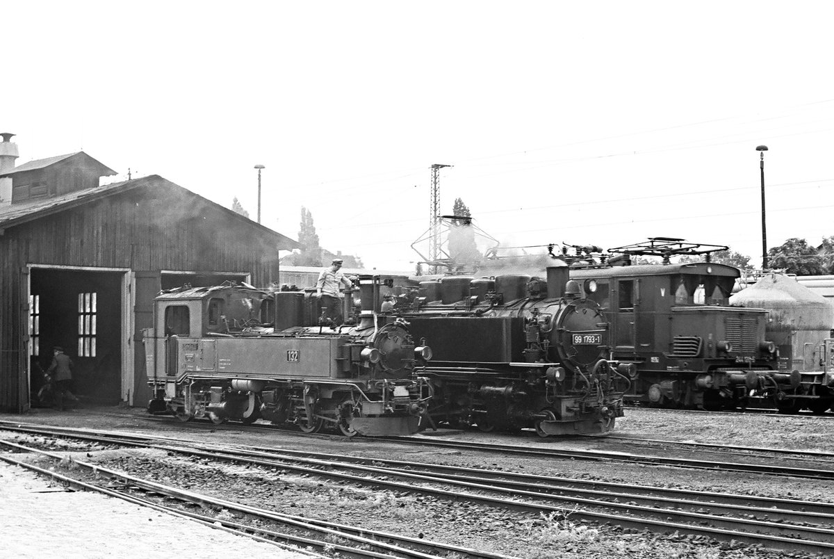 18. August 1984	Am Rande der Lokschau im Bahnhof Radebeul-Ost läuft der planmäßige Verkehr sowohl auf der Regel- als auch auf der Schmalspurbahn weiter. Vorn die im Königlich-Sächsischen Outfit als IVK Nr.132 hergerichtete 99 539, dahinter 99 1793 und eine vorbeifahrende E44.  