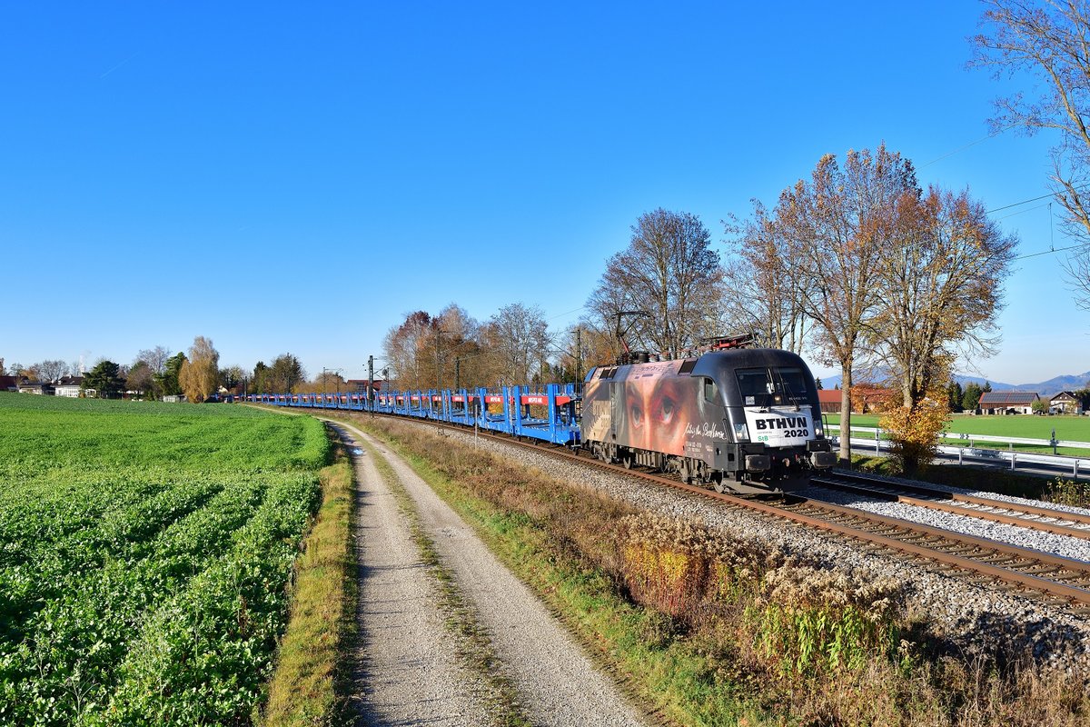 182 510 mit einem leeren Autozug am 06.11.2020 bei Langenisarhofen.
