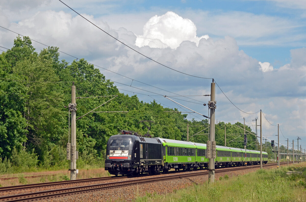182 513 der MRCE bespannte am 06.06.22 den FLX 1233 von Köln nach Leipzig. Hier passiert der Taurus Burgkemnitz.