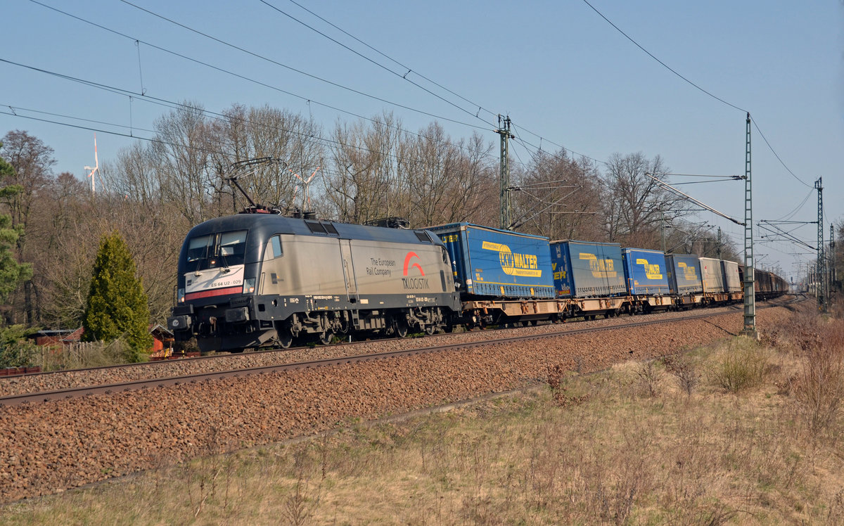 182 529 der TX führte am 08.04.18 den Papierzug von Rostock nach Italien durch Burgkemnitz Richtung Bitterfeld.
