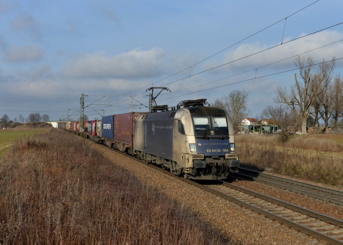 182 564 mit einem Containerzug am 12.01.2014 bei Plattling.