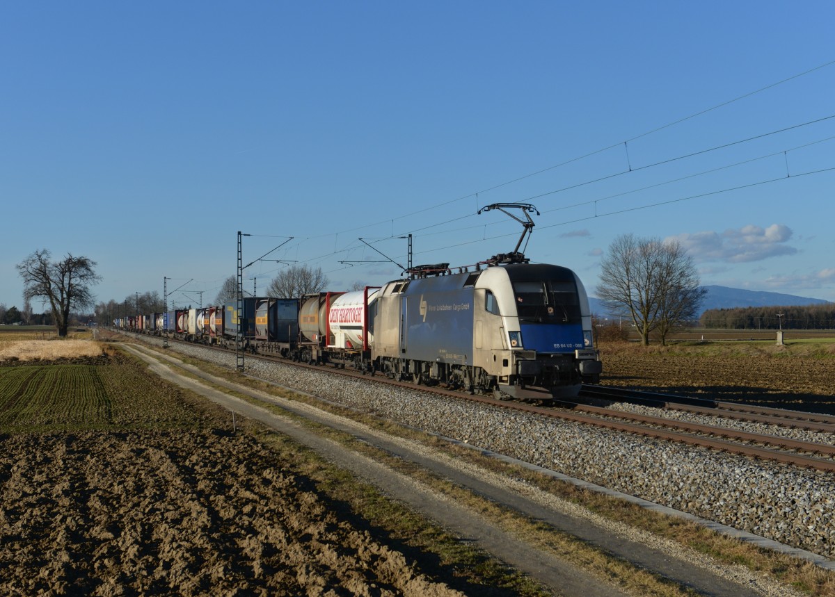 182 566 mit einem Containerzug am 14.02.2014 bei Langenisarhofen.