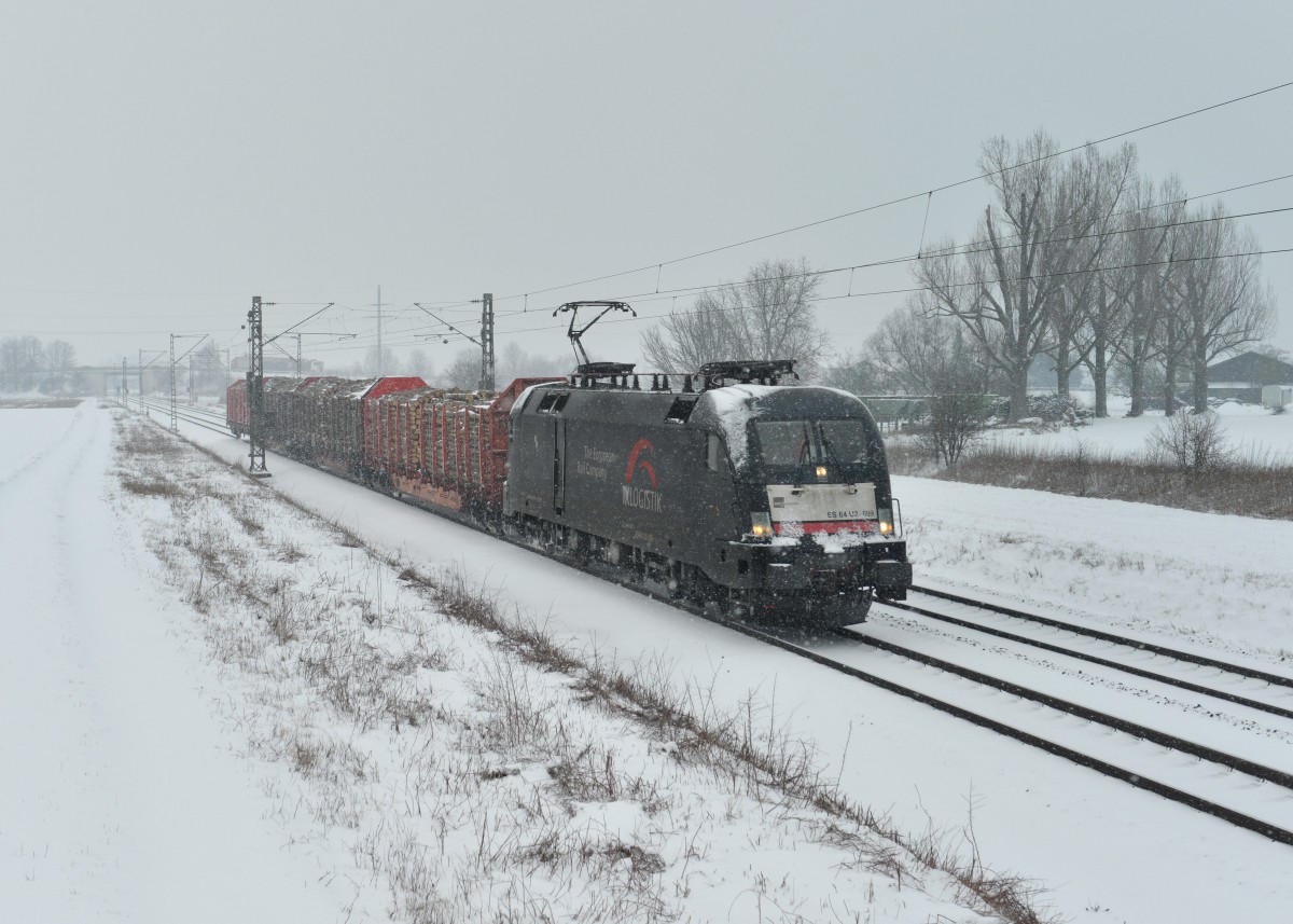 182 599 mit einem Holzzug am 04.01.2016 bei Plattling. 