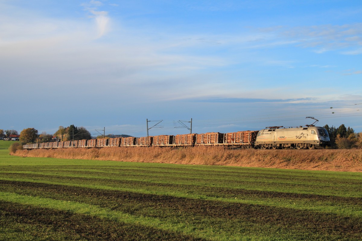 182 600 / ES 64 U2 - 100  HUPAC  mit einem Holzzug am 8. November 2013 bei Bernau am Chiemsee.