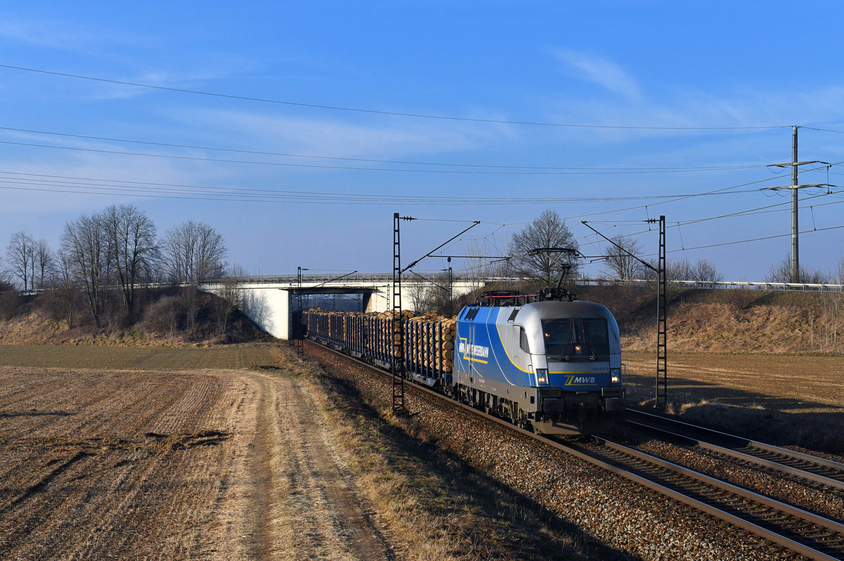 182 912 mit einem Holzzug am 04.03.2018 bei Plattling. 