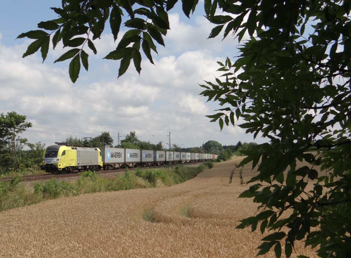183 095 mit einem Container am 25.07.14 an der Schöpsdrehe bei Plauen/V.