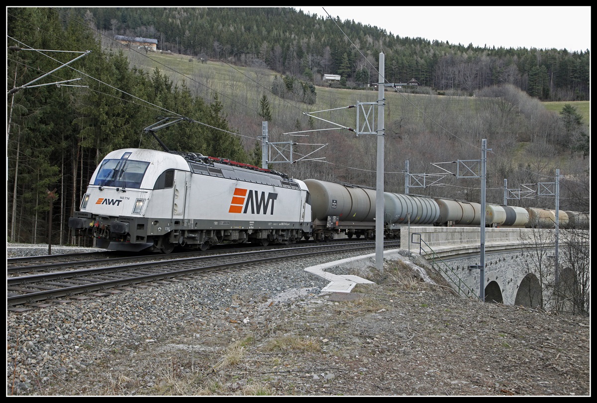 183 714 verlässt am 4.03.2020 mit einem Güterzug den Wagnergraben - Viadukt.