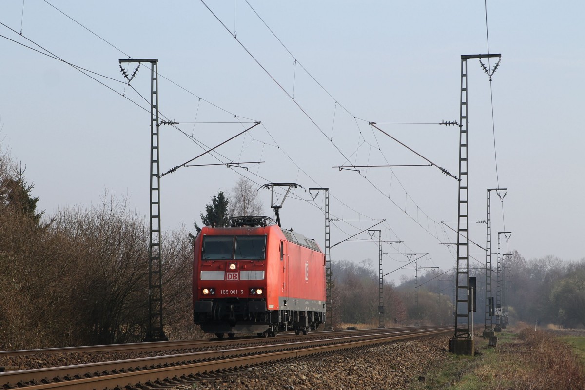 185 001-5 während eine Lokfahrt in die Richtung Emden bei Salzbergen am 14-3-2014.