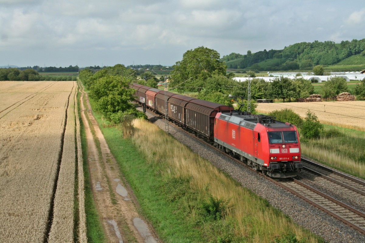 185 011-4 mit einem gemischten Gterzug aus Richtung Mannheim nach Basel am Nachmittag des 11.07.14 nrdlich von Hgelheim.