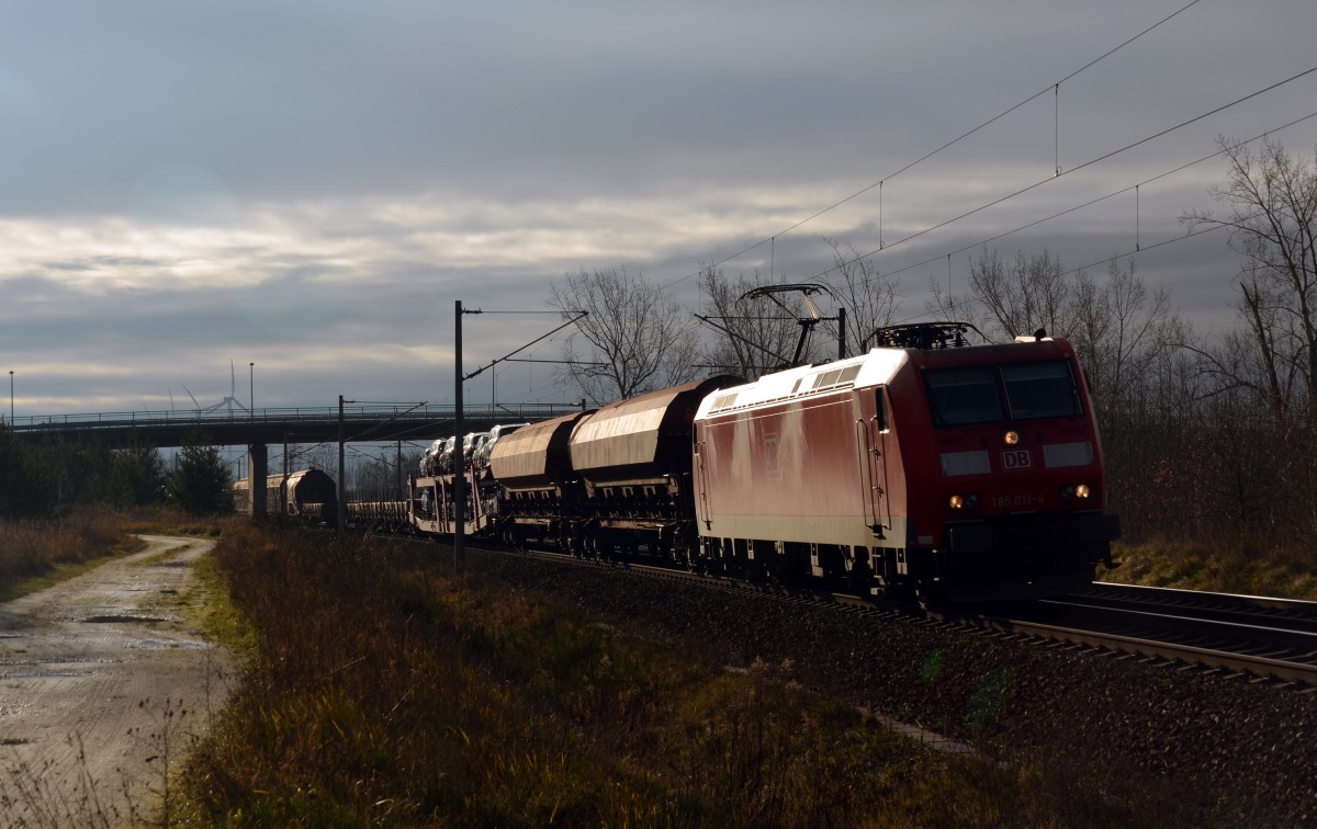 185 011 führte am 18.12.14 einen gemischten Güterzug durch Petersroda Richtung Bitterfeld.
