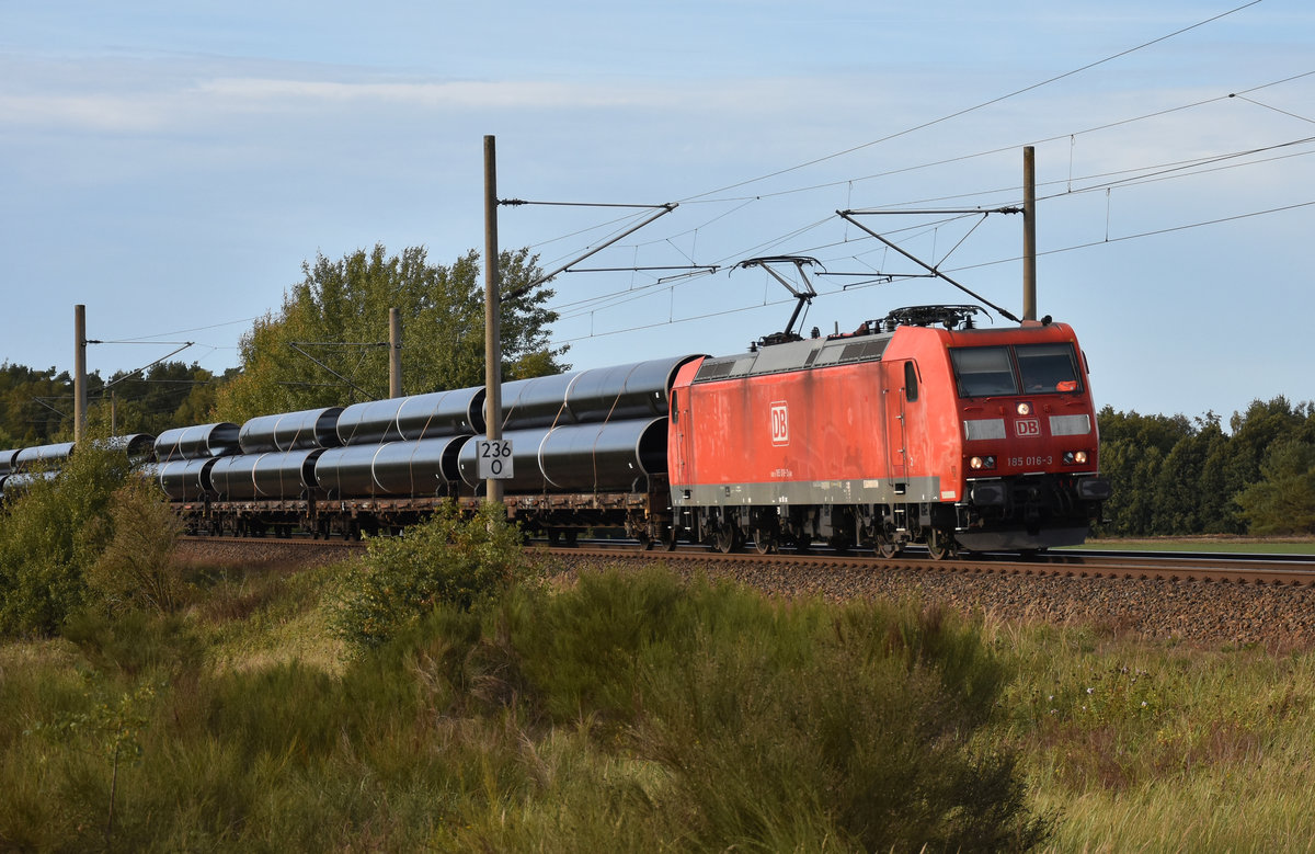 185 016-3 der DB Cargo mit Pipelinerohre, womöglich für die Nord Stream 2. Unterwegs in Richtung Schwerin. 3km östlich von Büchen, 08.10.2018.