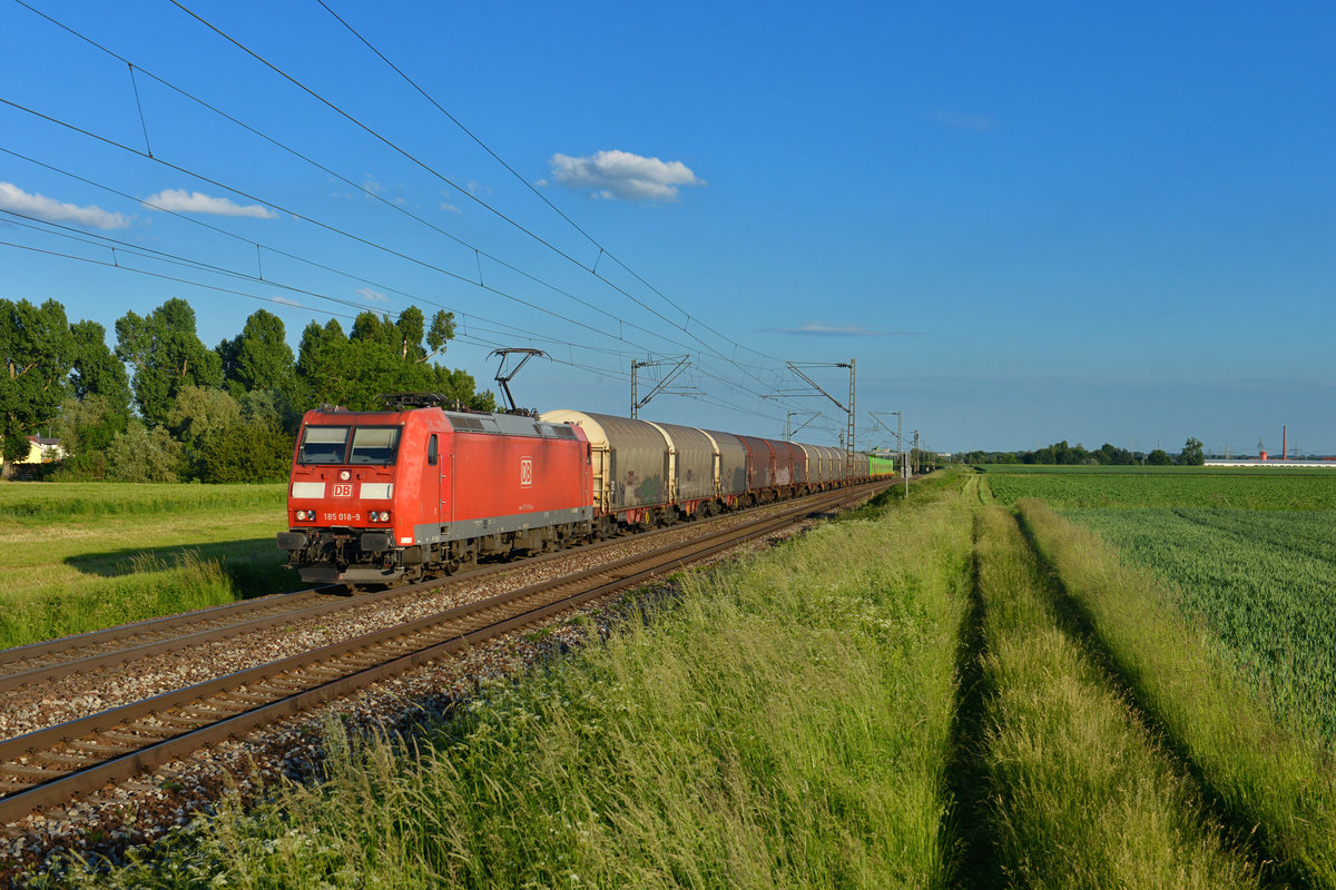 185 018 mit einem Güterzug am 02.06.2015 bei Plattling. 