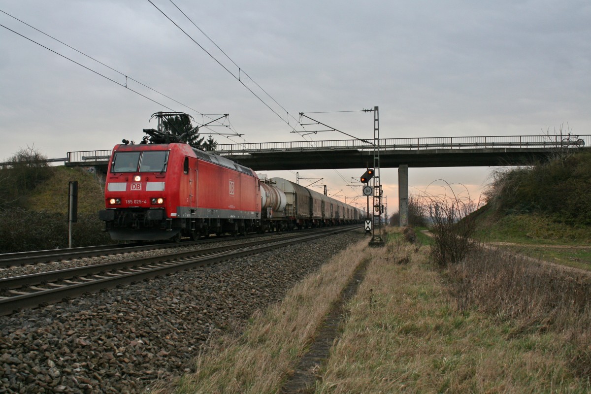 185 025-4 mit einem gemischten Gterzug gen Norden am Nachmittag des 29.01.14 nrdlich von Hgelheim.