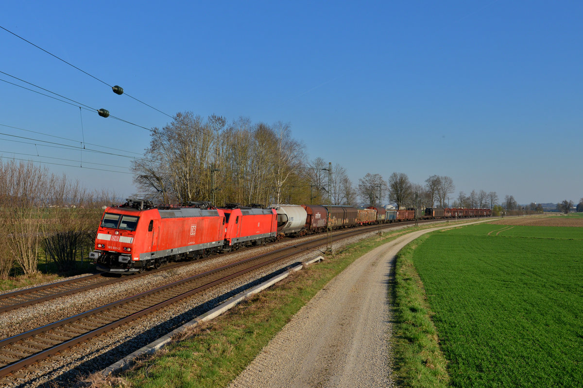185 031 + 185 212 mit einem Güterzug am 28.03.2017 bei Langenisarhofen. 
