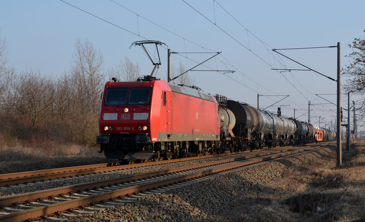 185 058 beförderte am 16.02.17 einen gemischten Güterzug durch Greppin Richtung Dessau.