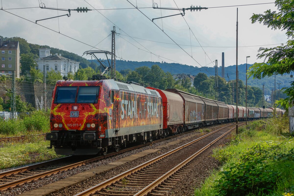 185 077-5  Stahl auf Stahl  DB mit Güterzug in Wuppertal Steinbeck, August 2023.