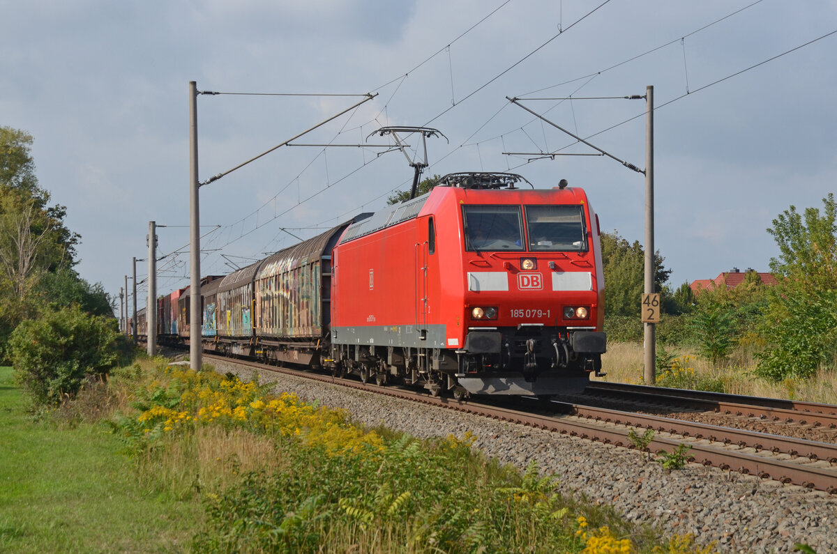 185 079 führte am 11.09.22 einen Autologistikzug durch Greppin Richtung Bitterfeld. Ziel war das VW Werk in Zwickau.