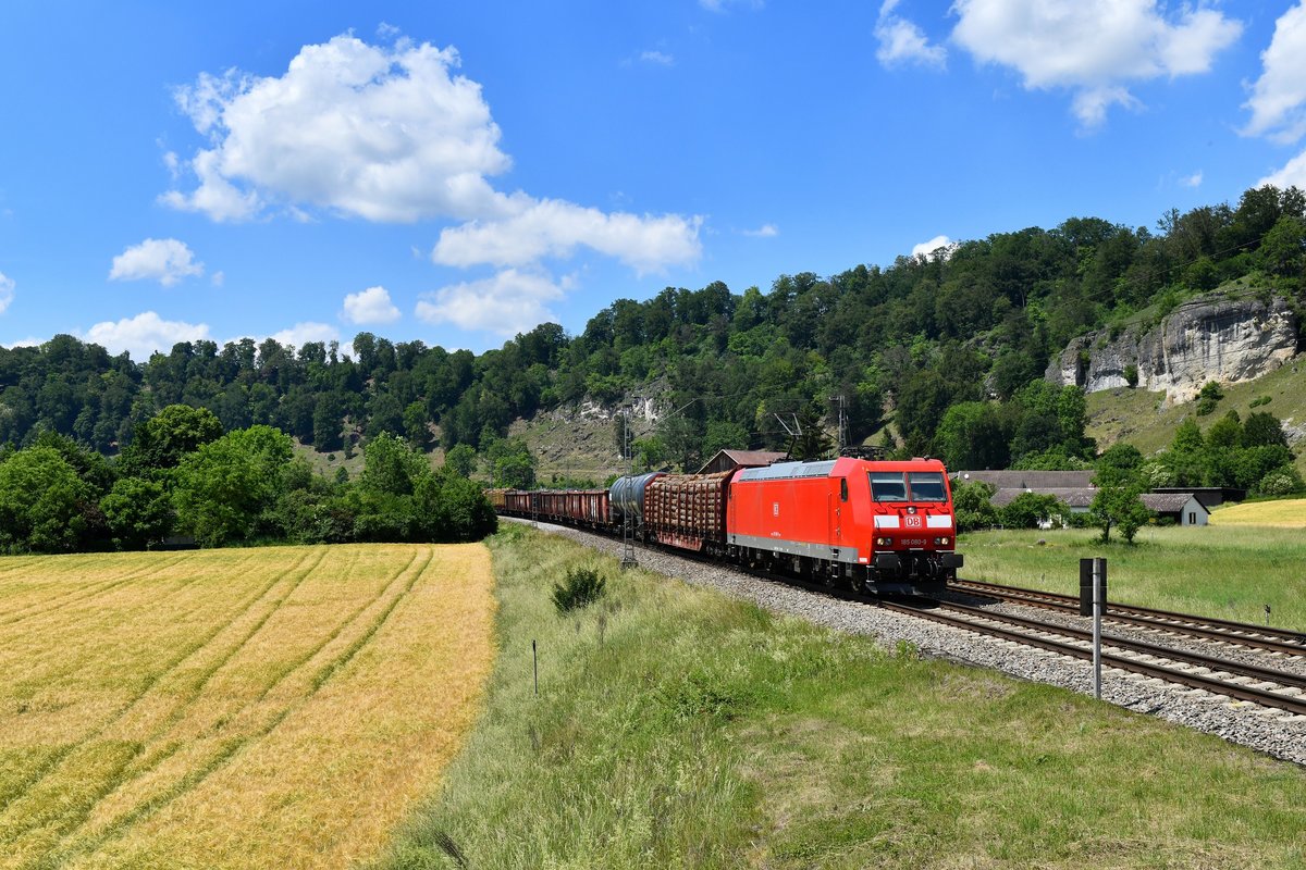 185 080 mit einem Güterzug am 18.06.2019 bei Hagenacker. 